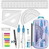 Akuoly Math Compasses Back-to-School Starter Geometry Kit with 2 Drafting Compasses Protractor Set Squares Ruler and More for Students Maths Study Homework, Blue Set with Carry Case