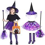 Jeowoqao Girls Halloween Dress up，Light up Witch Costume for Girls, Witch Skirt Broom Hat Treat Bag for Toddler Aged 3 4 5 6