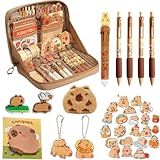 LJJINGXS Cute Capybara Pencil Case With 10 Compartments - Gift Set Includes Holder, Ball-Point Pen, Keychain, Stickers, Brooch, and Clips