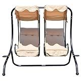 Outsunny Patio Swing Chair with 2 Separate Seats, Outdoor Swing Glider with Removable Canopy and Cup Holders, for Porch, Garden, Poolside, Backyard, Beige
