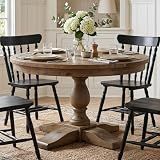 DM Furniture 47" Round Dining Table with Wooden Pedestal Base, Reclaimed Pine Wood Dinner Table for 4, Heavy Duty Pedestal Table for Kitchen/Dining Room/Living Room/Restaurant, Walnut