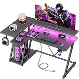Korfile 40 Inch Gaming Desk with Power Outlet & LED Lights, L Shaped Computer Gaming Table with 3 Tiers Storage Shelves, Corner Gamer Desk with Monitor Stand for Small Space, Carbon Fiber Black