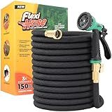 Flexi Hose Expandable Garden Hose with 8 Function Nozzle, 150FT - Lightweight Retractable Garden Hose, Water Hose - No-Kink Flexibility, 3/4 Inch Solid Brass Fittings and Double Latex Core