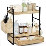 2-Tier Bathroom Counter Organizer, Wooden Vanity Shelf with Drawer & Basket