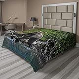Lunarable Cabin Flat Sheet, Grizzly Brown Bear in Lake Alaska Untouched Forest Jungle Wildlife Image, Soft Comfortable Top Sheet Decorative Bedding 1 Piece, Queen Size, Green Brown and Blue