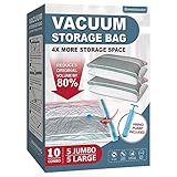10 Pack Vacuum Storage Bags with Pump, 5 Jumbo and 5 Large Space Saver Vacuum Storage Bags, Vacuum Seal Bags for Clothing, Comfoters, Pillows, Blanket, Bedding