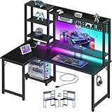 MEUIS L Shaped Gaming Desk with Shelves - 48 inch Corner Computer Desks with Storage Hutch Shelf Reversible Pegboard Led Lights Power Outlets PC Monitor Stand for Bedroom, Black
