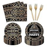 96 Pcs Roaring 1920's Party Plates and Napkins Party Supplies Black and Gold Retro Jazz Flapper Party Tableware Set 20s Great Gatsby Party Decorations Favors for 24 Guests