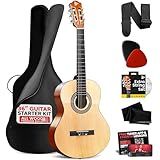 Pyle Beginner Acoustic Guitar Kit, 3/4 Junior Size All Wood Instrument with Full Accessory Kit, Picks, Shoulder Strap, Carry Case, Cleaning Cloth, Tuner App, 2 Month Lessons, 36” (Ash Gloss)