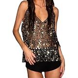 Women Y2K Sequin Cami Top Sexy Sparkly V Neck Tank Top Backless Glitter Crop Tops Floral Rhinestone Clubwear (Sequin Black Gold, XL)