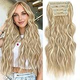 ALXNAN Clip in Long Wavy Synthetic Hair Extension 20 Inch Beach Blonde 4PCS Thick Hairpieces Fiber Double Weft Hair for Women
