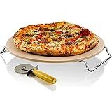 OVENTE 13" Round Pizza Stone for Oven and Grill, Heat Resistant Ceramic Flat Baking Stone with Cutter Wheel, Metal Rack Stand, Ideal for Making Crisp Crust Pizza, Bread, Cookies & More, Beige BW10132