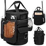 SunForMorning Baseball Bucket Bag Baseball Coaching Accessories Organizer Tactical Style Softball Bucket Bag with Anti-Slip Bottom, Multiple Pockets for Bat, Gloves, Scoreboards, Black