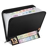 Sooez 13 Pocket Accordion File Organizer, Zipper Expanding File Folder Organizer, Reinforced Plastic Accordion Folder, A4 Letter Size, Portable Folders for Documents, Black