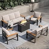 Aoxun Aluminum Outdoor Patio Furniture Set, 8-piece Outdoor Sectional with 44'' Propane Gas Firepit Table, Patio Conversation Sets with Upgraded Armrests and Cushions for Backyard, Garden and Poolside