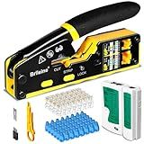 Brileine RJ45 Crimp Tool Pass Through Kit Ethernet Crimper Cat5 Cat5e Cat6 Crimping Tool for RJ11/RJ12 6P/8P with Network Lan Cable Tester, 50PCS Cat6 Connectors, 50PCS Boots, Mini Cable Stripper