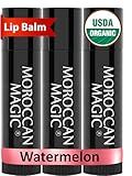 Moroccan Magic Organic Watermelon Lip Balm 3 Pack | Ultra-Hydrating Argan & Essential Oil Lip Moisturizer + Vitamin E | Natural Chapstick for Dry Lips | Smooth, Non-Toxic | Organic Lip Balm