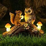 WONDHOME Solar Owl Garden Statues Outdoor Decor Resin Owl Squirrel Figurine with Mushroom Lights for Patio Lawn Yard Decorations Halloween Christmas Housewarming Gardening Gifts for Women Mom