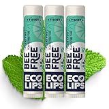 Vegan Lip Balm Sweet Mint by Eco Lips flavor 3 Pack Natural Bee Free with Candelilla Wax, Organic Cocoa Butter, & Coconut Oil Lip Care. 100% Plastic-Free Plant Pod Packaging - Made in USA