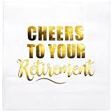 WRAPAHOLIC 25Pcs Retirement Cocktail Napkins - 3-Ply White Gold Foil Cheer Retirement Disposable Paper Napkins for Retirement Party, Tableware Party Supplies, Holiday - 5 x 5 In