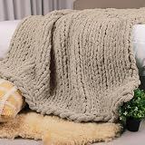 Carriediosa Chunky Knit Throw Blanket 50" x 60", 100% Hand Made, Taupe