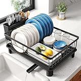 SNTD Dish Drying Rack - Space-Saving Dish Rack for Kitchen Counter, Stainless Steel Dish Drainer with Utensil Holder and Drainboard, 11" W x 15" L (Black)