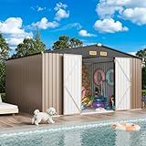 IRONCK 10x12FT Outdoor Storage Shed, Metal Garden Tool Shed with Breathable Vent and Lockable Doors, Outside Storage for Backyard, Poolside, Patio, Brown