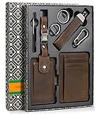 Teskyer RFID Slim Card Holder Wallet for Men, Genuine Leather Gift Set with Luxury Gift Packing - Includes Luggage Tag and Car Keychain - Gift for Dad, Valentine's Day, Birthday & Christmas (Coffee)