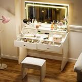 COMHOMA Makeup Vanity Desk with Mirror and Lights, Vanity Table and Chair Set with 5 Drawers & Charging Station, Bedroom Dressing Table, Stepless Dimmable & 3 Color Modes Adjustable, Snow White