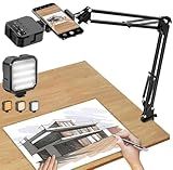 Overhead Phone Mount, Articulating Arm Cell Phone Holder with LED Light, Flexible Phone Stand for Live Streaming, Video Recording, Painting Lighting, Cooking
