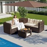 VINGLI 4 Pieces Outdoor Sectional Wicker Patio Furniture with Storage, Patio Sectional Sofa Outdoor Couch Conversation Set, Glass Top Coffee Table for Backyard, Pool, Garden(Brown)