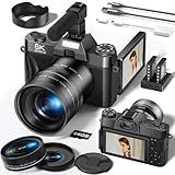FLATIC Cameras for Photography, 6K 64MP Digital Camera with WiFi & Microphone for Youtuber, 16X Zoom Vlogging Camera with 180°Flip Screen, 64GB Card, 2 Batteries, Macro & Wide-Angle Lens, Card Reader