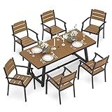 Cozyman Patio Table and Chairs Set, Patio Furniture Set, 7-Piece, HDPS All-Weather Material Outdoor Dining Set, Outdoor Furniture Set with Umbrella Hole, Brown-Oil Printed