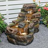 Sunlinua Water Fountain Outdoor Floor Standing 5-Tiers Rock Natural Waterfall Outdoor Garden Fountains with LED Lights for Patio, Porch, Home Art Decor