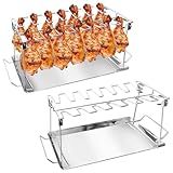 BaokiTook Drumstick Holder-2 Sets Chicken Leg Rack for Grill with Drip Tray, 14 Slots Durable Stainless Steel Drumstick Rack, Drumstick Holder Roaster Stand for Smoker Grill, Oven, BBQ Accessories