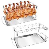 BaokiTook Drumstick Holder-2 Sets Chicken Leg Rack for Grill with Drip Tray, 14 Slots Durable Stainless Steel Drumstick Rack, Drumstick Holder Roaster Stand for Smoker Grill, Oven, BBQ Accessories