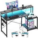 AODK Computer Desk, 48 Inch Gaming Desk with Led Lights & Power Outlet, Office Desk with Storage Shelves, Reversible Desk with Monitor Shelf & Headphone Hook, Carbon Fiber Black