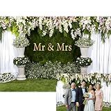 YongFoto Mr and Mrs Wedding Party Backdrop 7x5ft Floral Grass Wall White Sheer Curtain Flower Arch Photography Background Lover Marriage Proposal Bridal Shower Reception Photo Booth Props Banner