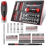 GEINXURN 53Pieces Ratcheting Screwdriver Set, 12-in-1 1/4" Hex Shaft Magnetic Screwdriver Quick-Load Screwdriver Bits/Sockets and Adapter Multi-bit Screw Driver Repair Tool