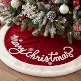 PUKUPIG Red Velvet Christmas Tree Skirt, 48 in, Merry Christmas Embroidery