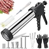 Professional Jerky Gun Kits, Sausage Maker, Stainless Steel Beef jerky gun for Ground Meat, Sausage Stuffer, Jerky Shooter Cannon Meat Gun with 5 Nozzles 5 Brushes 1 Meat Pusher & A Pair of Gloves