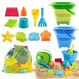 Aimlovs Collapsible Beach Toys for Toddlers Kids – 2 Foldable Sand Buckets Shovel Rake, 8 Sand Molds & Castle Building Kit, Mesh Bag – 13-Piece Travel Sandbox Toy Set Ages 3-12