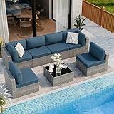 7 Piece Outdoor Patio Furniture Set,Silver PE Rattan Wicker Sectional Sofa, All Weather Conversation Set with Washable Cushions & Glass Coffee Table for Backyard Poolside Garden Porch,Navy Blue