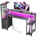 Korfile 48" Gaming Desk with Power Outlet, LED, Carbon Fiber Black Finish