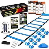 Speed Agility Training Set, Includes 1 Agility Ladder, 4 Steel Stakes, 1 Sports Headband,1 Jump Rope, 10 Disc Cones and Gym Carry Bag - Speed Training Equipment for Soccer Football Basketball (Blue)