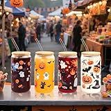 hhdatc 4 Pack Halloween Glass Storage Jars with Airtight Bamboo Lids Ghost Pumpkin Fire & Bat Decorative Canisters for Kitchen Countertop, Home & Party Decor