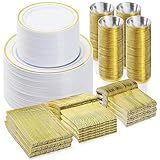 BESTVIP 600PCS Gold Dinnerware Set for 100 Guests, Plastic Plates for Party, 100 Gold Disposable Plates, 100 Dessert Plates, 100 Cups, 100 Spoons, 100 Forks and 100 Knives