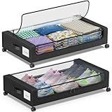 Under Bed Storage with Wheels, 2-Pack Under Bed Storage Containers with Clear Lids, XXL 60L Under the bed storage Organizer Bins, Rolling Under Bed Metal Drawer for Clothes,Shoes,Toys (Black, 2 Pack)