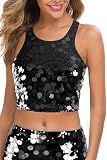MANER Women's Contrast Sequin Crop Top Sparkle Club Tank Sleeveless Night Out Party Tops (M/US 8-10, Black)