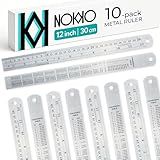 NOKKO Metal Ruler 12 Inch - Pack of 10 - Measuring Set of 12-Inch / 30 cm Stainless Steel Rulers with Imperial & Metric Measurements & Conversion Table - Metal Straight Edge Ruler for Cutting